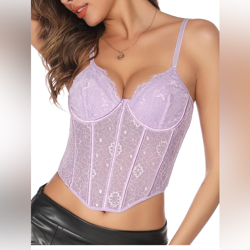 New Purple Lace Mesh Fish Boned Sheer Spaghetti Straps Bustier Corset Crop Top